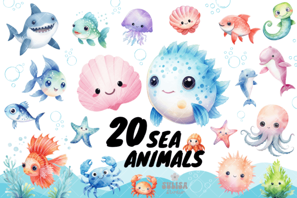 Download Cute Sea Animals Watercolor Clipart - Sea animals Collection