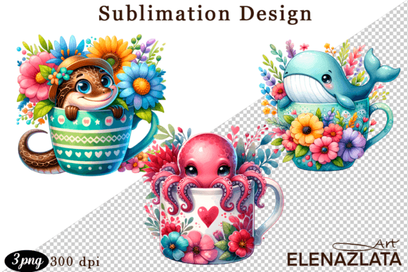 Download Cute Sea Animals in a Cup for Clipart - Sea animals Collection