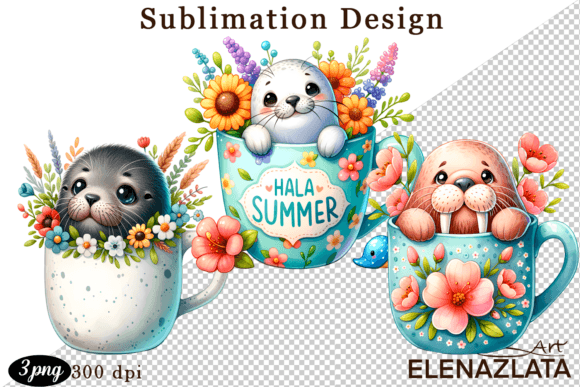 Download Cute Sea Animals in a Cup for Clipart - Sea animals Collection