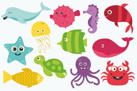 Download Cute Kawaii Sea Animals Clipart Set - Sea animals Collection