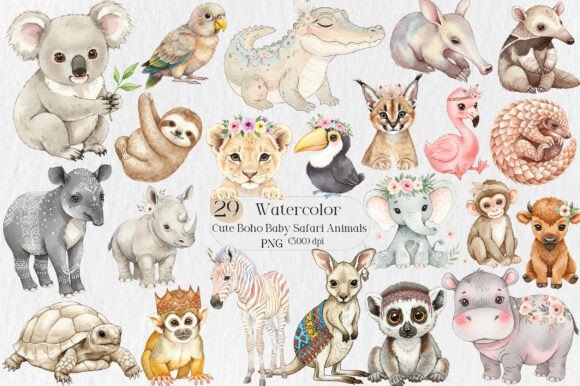 Download Watercolor Cute Boho Baby Safari Animals - Baby safari Collection