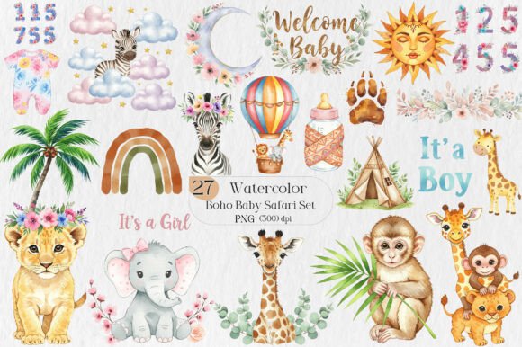 Download Boho Baby Safari Watercolor Set - Baby safari Collection