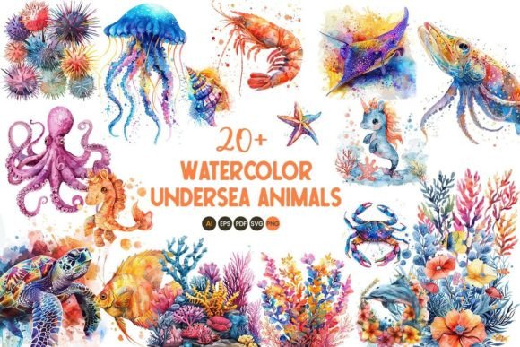 Download Watercolor Undersea Animals Bundle - Sea animals Collection