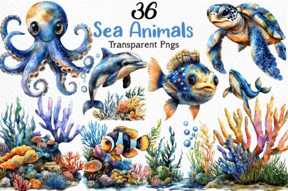 Download Watercolor Sea Animals Clipart Png - Sea animals Collection