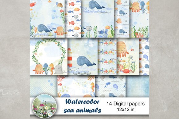 Download Watercolor Sea Animals Digital Papers. - Sea animals Collection